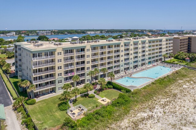 view of building exterior featuring a water view