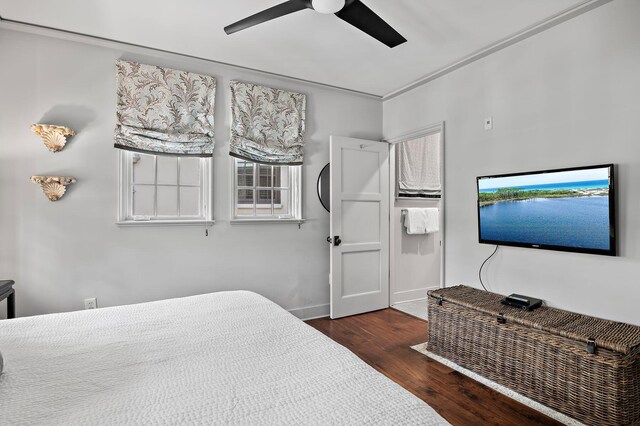 bedroom featuring ceiling fan and dark hardwood / wood-style floors