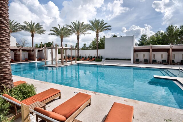 view of swimming pool featuring a patio area