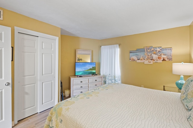 bedroom with a closet and light hardwood / wood-style floors