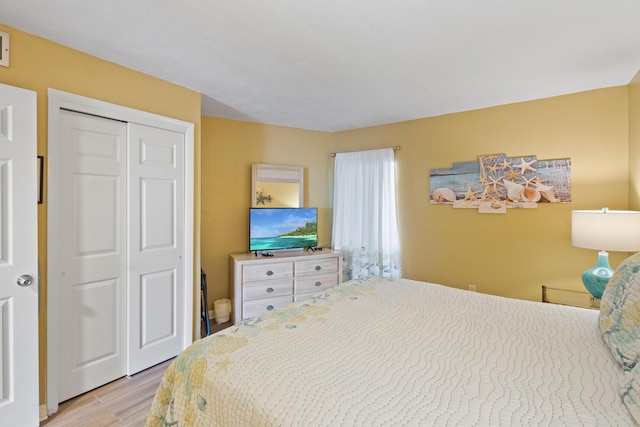 bedroom featuring light wood-style flooring and a closet