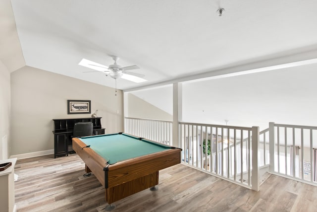 playroom with ceiling fan, pool table, light hardwood / wood-style flooring, and lofted ceiling