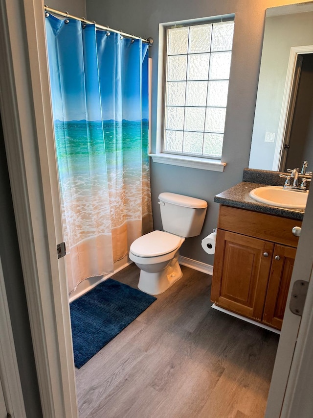 bathroom with toilet, a healthy amount of sunlight, vanity, and wood-type flooring