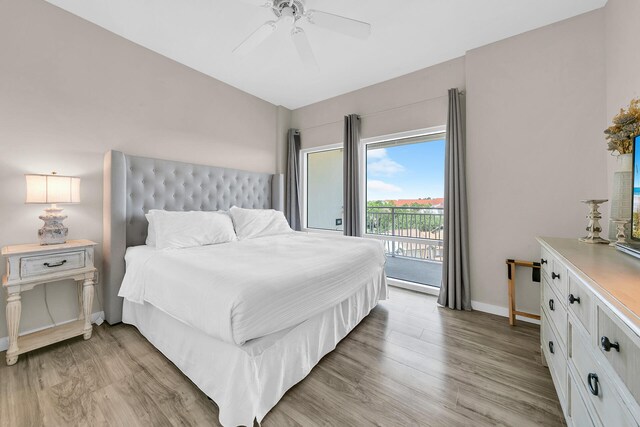 bedroom with ceiling fan, access to exterior, and light wood-type flooring