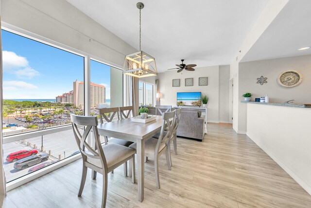 dining room with light hardwood / wood-style floors and ceiling fan with notable chandelier