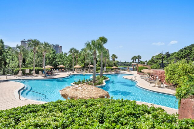 view of swimming pool with a patio area