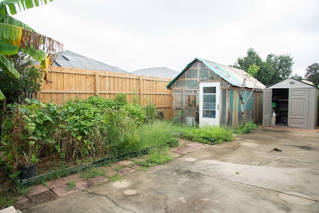 view of yard with a storage unit and a patio