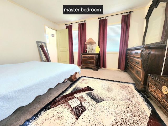 carpeted bedroom with ornamental molding