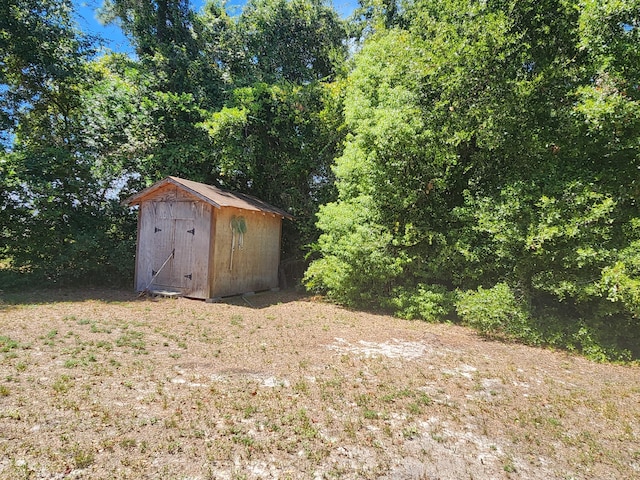 view of yard with a storage shed