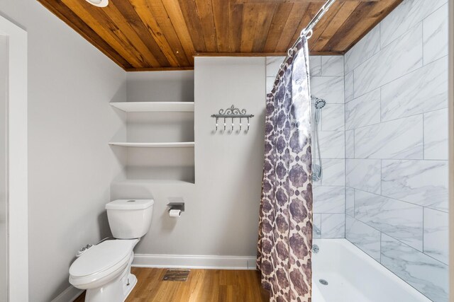 bathroom with toilet, hardwood / wood-style floors, shower / tub combo with curtain, and wood ceiling