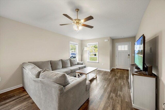 living room featuring ceiling fan and dark hardwood / wood-style floors