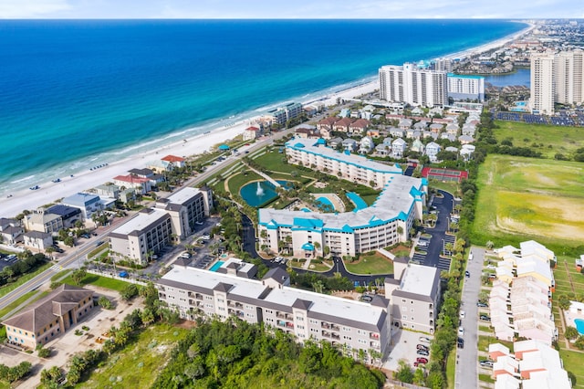 drone / aerial view with a view of the beach and a water view