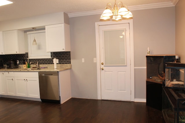 kitchen featuring dark hardwood / wood-style flooring, white cabinetry, and stainless steel dishwasher