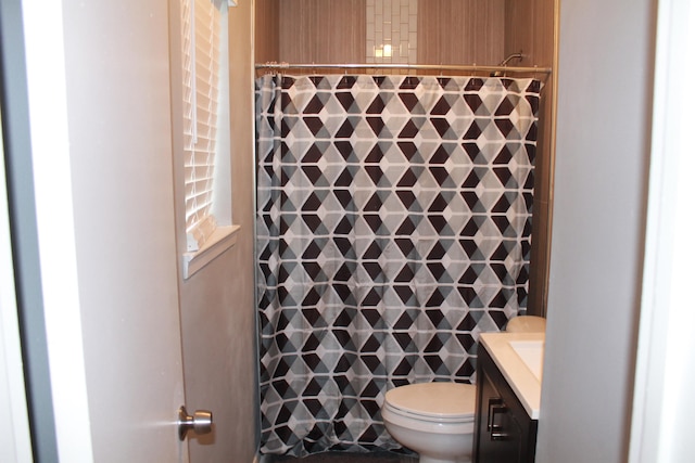 bathroom featuring vanity, toilet, and a shower with curtain