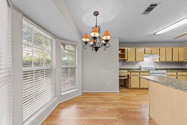 kitchen with white range with gas stovetop, light hardwood / wood-style flooring, decorative light fixtures, and a healthy amount of sunlight