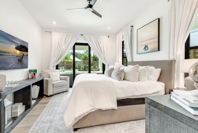 bedroom with light wood finished floors, access to outside, ceiling fan, and recessed lighting