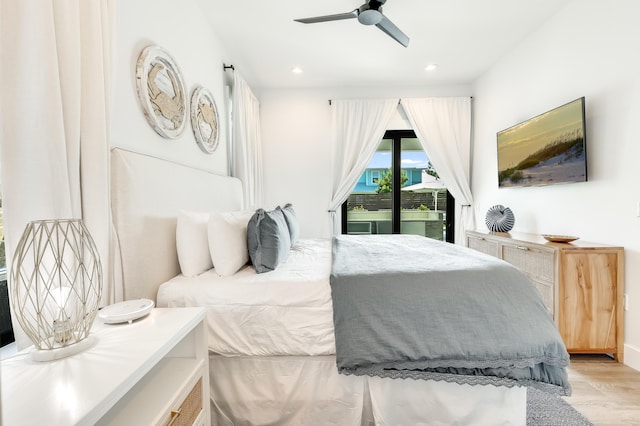 bedroom with ceiling fan, light wood-style floors, recessed lighting, and access to exterior