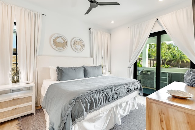 bedroom featuring access to outside, a ceiling fan, and recessed lighting