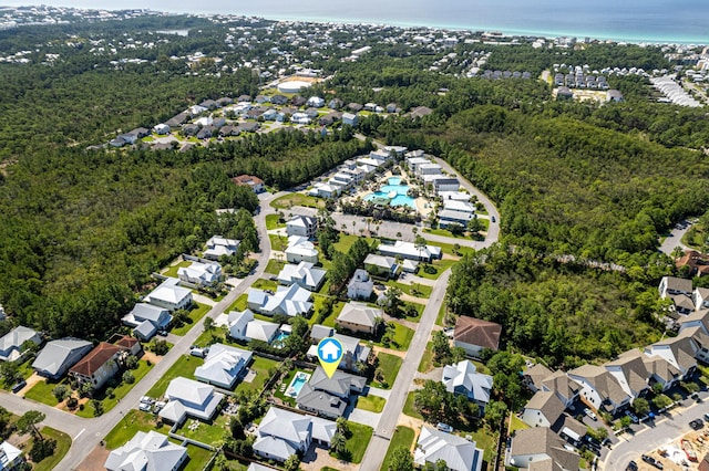 aerial view with a water view and a residential view