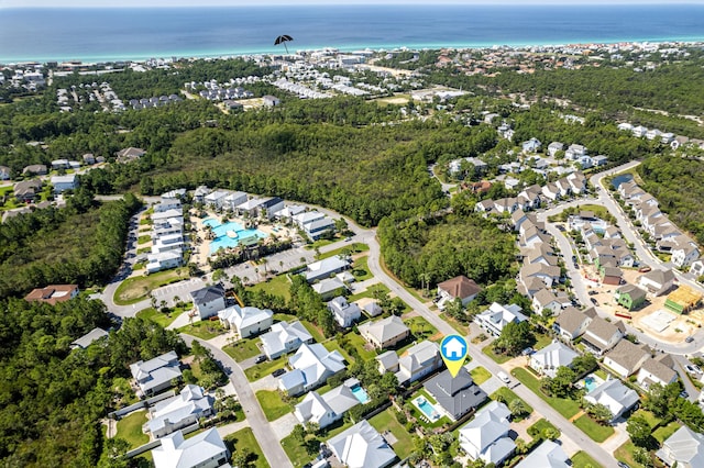 aerial view featuring a residential view and a water view