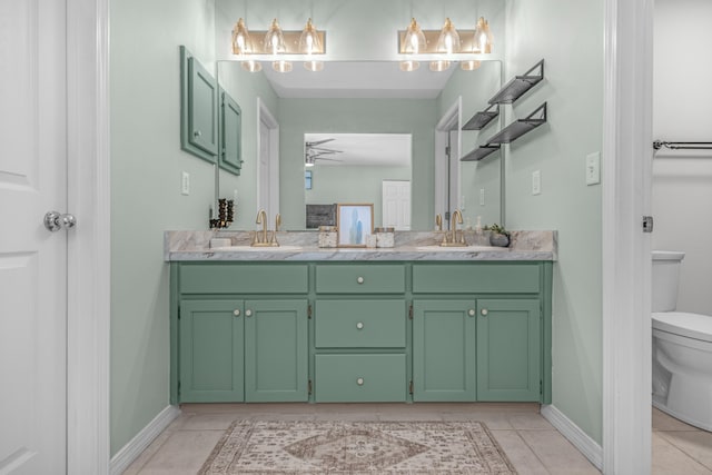 bathroom with tile patterned floors, ceiling fan, toilet, and vanity