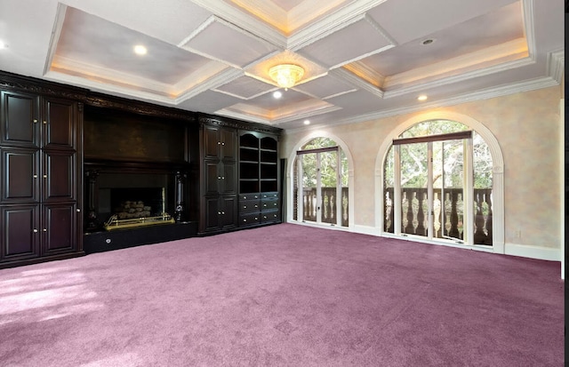 unfurnished living room featuring crown molding, coffered ceiling, and carpet floors