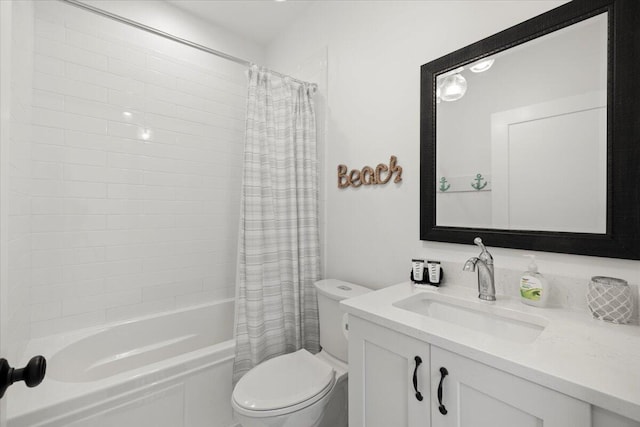 full bathroom featuring shower / bathtub combination with curtain, toilet, and vanity