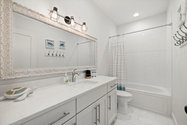 full bathroom with vanity, toilet, tile patterned flooring, and shower / bath combo with shower curtain