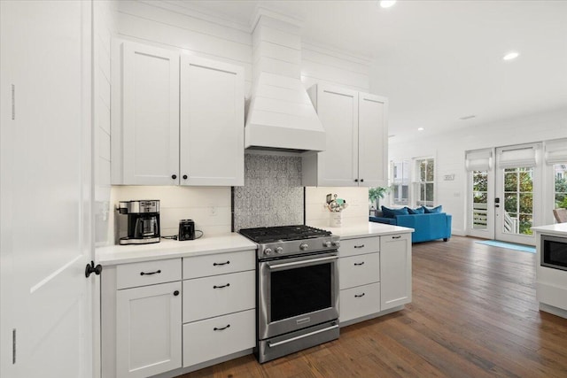 kitchen featuring white cabinets, appliances with stainless steel finishes, premium range hood, dark wood-type flooring, and decorative backsplash