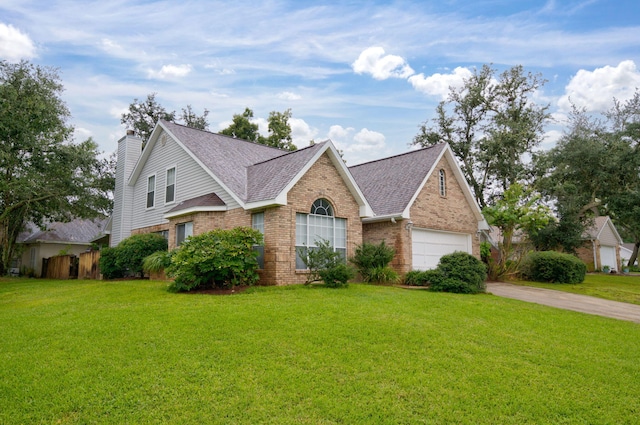 view of front of property with a front yard and a garage