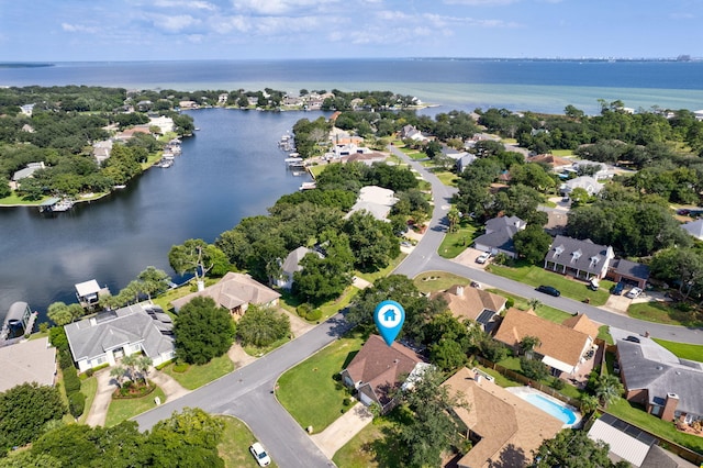 aerial view featuring a water view