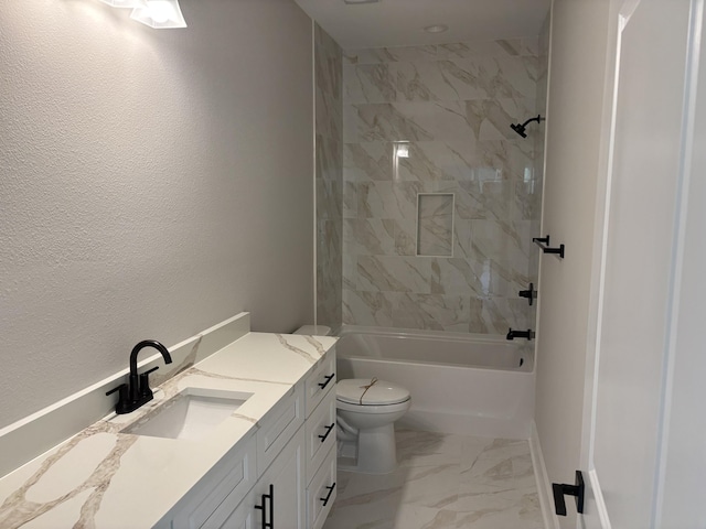 full bathroom featuring vanity, washtub / shower combination, baseboards, toilet, and marble finish floor