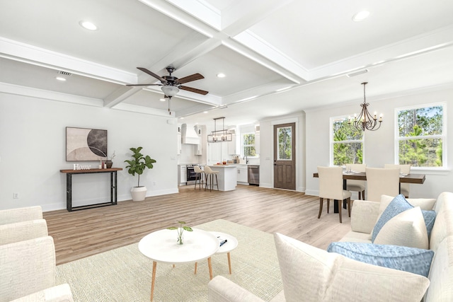 403 Bear Creek Blvd, Freeport, FL 32439 - living area featuring a chandelier, light wood-type flooring, recessed lighting, beam ceiling, and ceiling fan