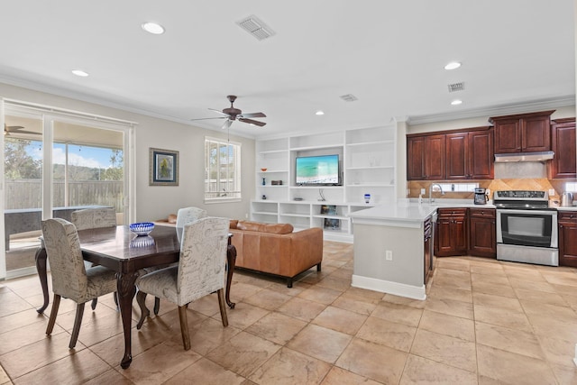 kitchen with electric range, ornamental molding, decorative backsplash, and ceiling fan