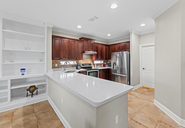 kitchen featuring appliances with stainless steel finishes, sink, kitchen peninsula, crown molding, and built in shelves