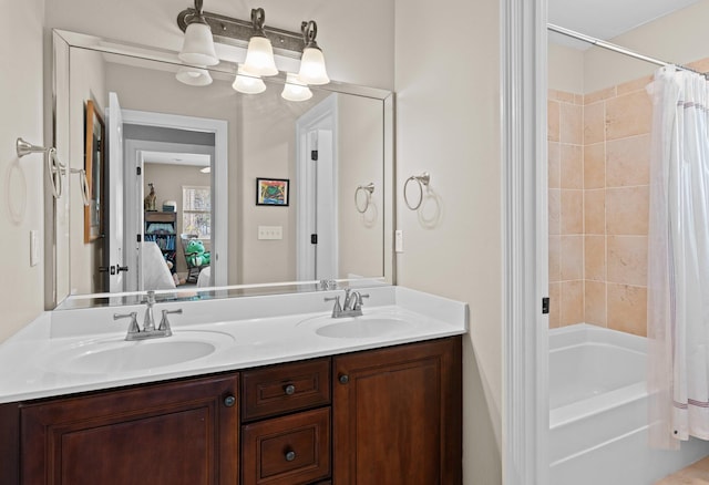 bathroom with vanity and shower / bathtub combination with curtain