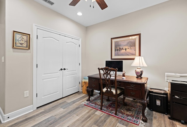 office area featuring ceiling fan and light wood-type flooring