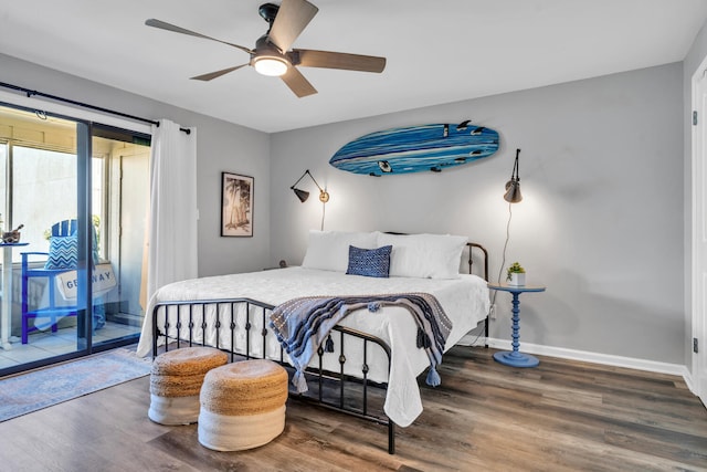 bedroom featuring baseboards, wood finished floors, a ceiling fan, and access to exterior