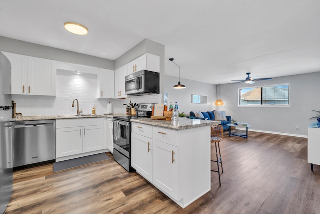 kitchen featuring dark wood-style flooring, stainless steel appliances, decorative backsplash, open floor plan, and a sink