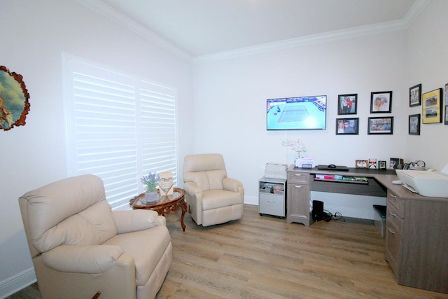 home office with ornamental molding and light wood-type flooring