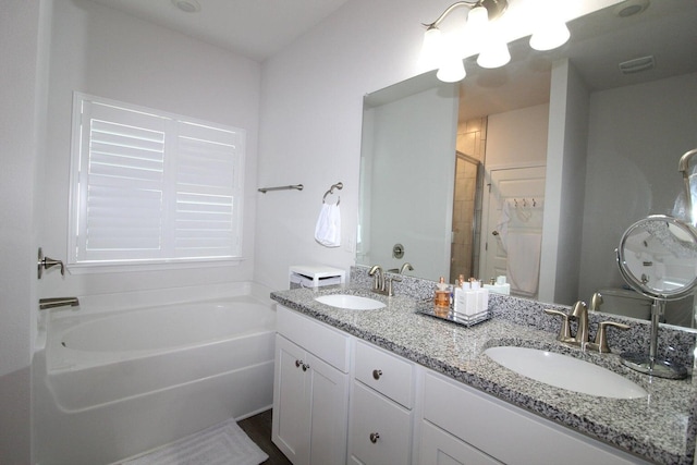 bathroom with vanity and independent shower and bath