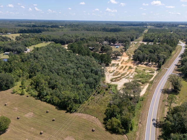 birds eye view of property featuring a wooded view