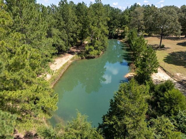 aerial view with a water view and a forest view