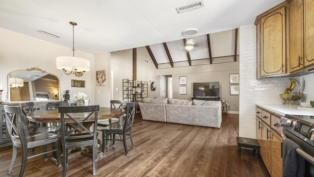 dining room featuring arched walkways, dark wood-style flooring, vaulted ceiling, and visible vents