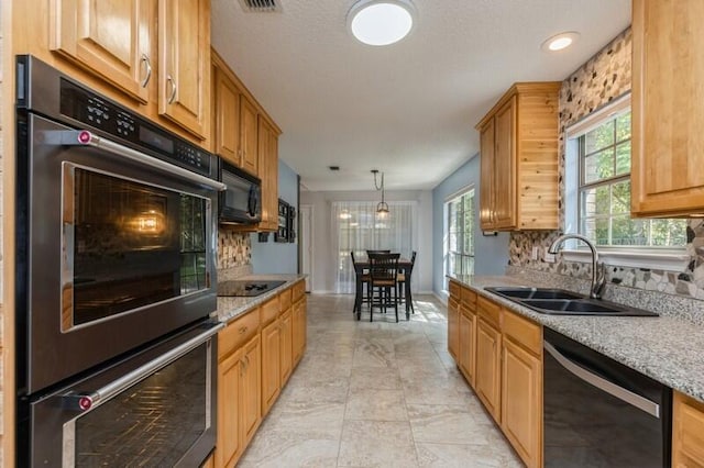 kitchen with black appliances, tasteful backsplash, plenty of natural light, and sink