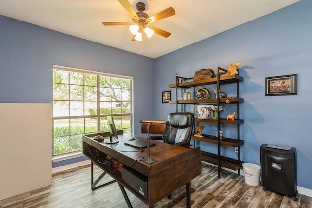 office space featuring a healthy amount of sunlight, ceiling fan, and hardwood / wood-style floors