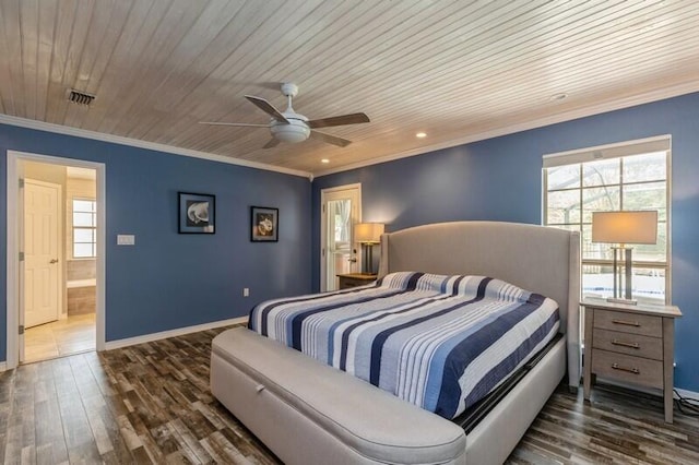 bedroom featuring crown molding, dark wood-type flooring, ceiling fan, and wooden ceiling