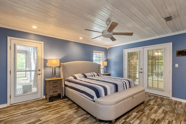 bedroom with ceiling fan, wooden ceiling, dark hardwood / wood-style flooring, and access to outside