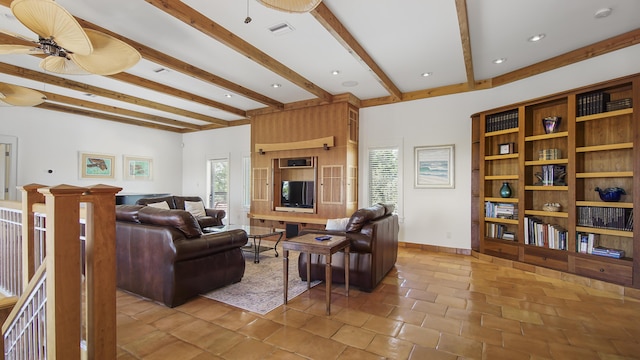 living room featuring a ceiling fan, beam ceiling, visible vents, and baseboards