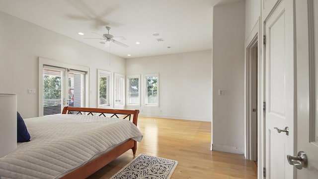 bedroom with recessed lighting, a ceiling fan, baseboards, visible vents, and light wood finished floors